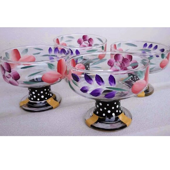 Whimsical Set of 4 Hand Painted Flowers Glass Dessert, Compote, Ice Cream Bowls - Picture 1 of 10
